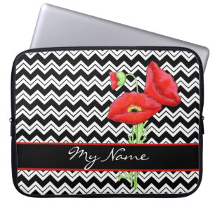 Zwart-wit rood papaver Zizzag Chevron Gepersonalis Laptop Sleeve