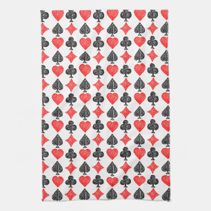 Zwart/Wit/Rood Spelen Kaart Alle Symbolen Lino Cut Theedoek