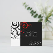 Zwart + Wit Rood Swirl Bruiloft Matching RSVP (Staand voorkant)