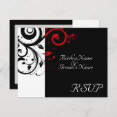 Zwart + Wit Rood Swirl Bruiloft Matching RSVP (Voorkant / Achterkant)