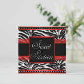 Zwart Wit Rood Zebra Sweet 16 Party Kaart (Staand voorkant)