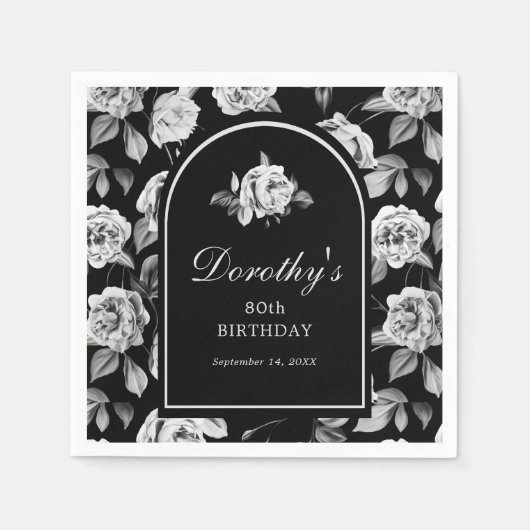 Zwart Wit Roos Bloemenboog 80ste Verjaardagsfeest Servet (Voorkant)