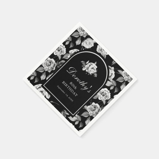 Zwart Wit Roos Bloemenboog 80ste Verjaardagsfeest Servet (Hoek)