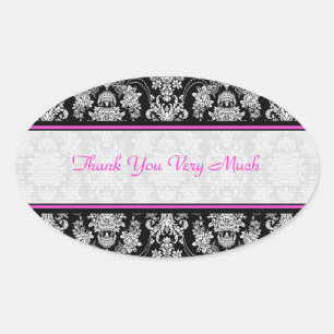 Zwart wit & roze  barok bloemmotief ovale sticker