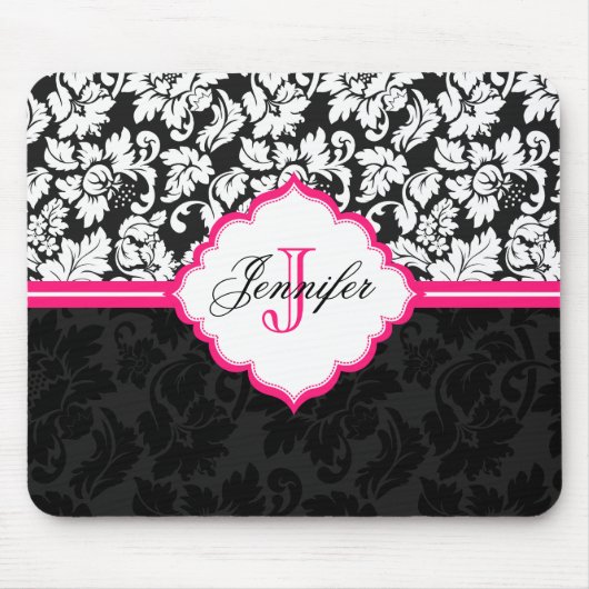 Zwart Wit & Roze  Bloemen Damasks 2 Muismat (Voorkant)