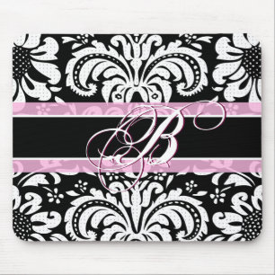 Zwart Wit & Roze Bloemen Damast Patroon Muismat