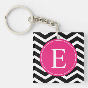Zwart-wit roze Chevron Aangepast Sleutelhanger