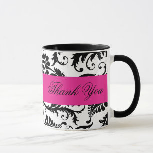 Zwart, wit, roze Damask Dank je Mok