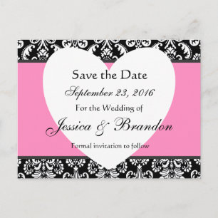 Zwart Wit Roze Damask Save Date Briefkaart 3