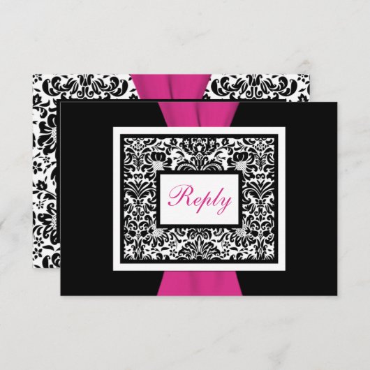 Zwart, wit, roze damast GEDRUKTE LINT RSVP (Voorkant / Achterkant)