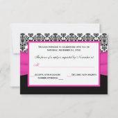 Zwart, Wit, Roze Damast & Hartjes Antwoordkaart RSVP Kaartje (Achterkant)