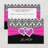 Zwart, Wit, Roze Damast & Hartjes Antwoordkaart RSVP Kaartje (Voorkant / Achterkant)