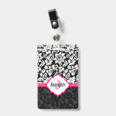 Zwart wit & roze damast met monogram badge (Voorzijde met clip)