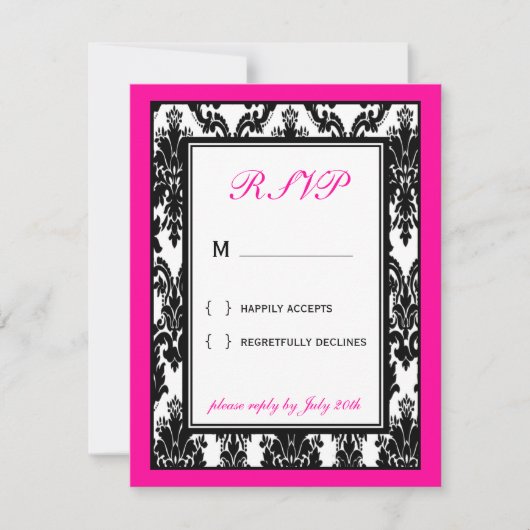 Zwart Wit Roze Damast RSVP-kaart RSVP Kaartje (Voorkant)