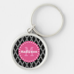 Zwart wit roze diamantpatroon monogram sleutelhanger