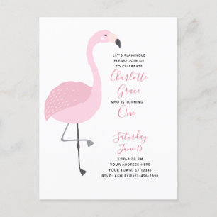 Zwart Wit Roze Flamingo Meisje 1e Verjaardagsfeest Uitnodiging Briefkaart