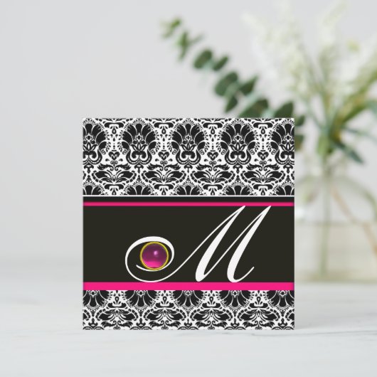 ZWART WIT ROZE FUCHSIA DAMASK MONOGRAM Amethyst Kaart (Staand voorkant)