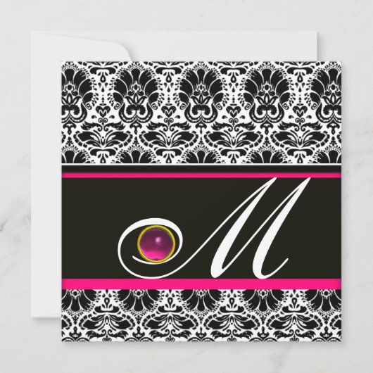 ZWART WIT ROZE FUCHSIA DAMASK MONOGRAM Amethyst Kaart (Voorkant)