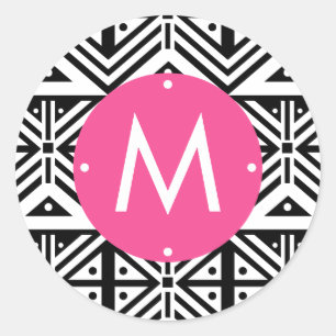 Zwart Wit Roze Geometrisch Tribal Patroon Monogram Ronde Sticker