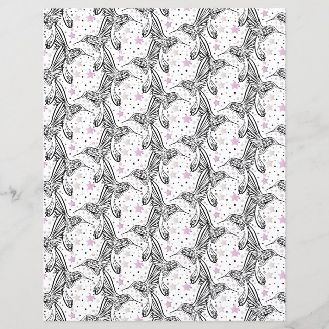 Zwart, wit, roze Hummingvogels IV Scrapbook Paper (Voorkant)