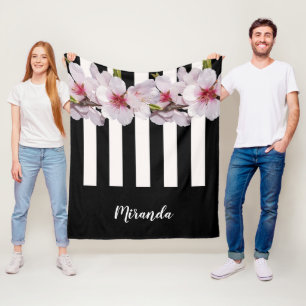 Zwart wit roze kersenbloemen zwart strepen naam fleece deken