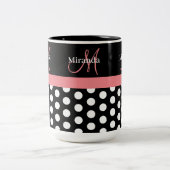 Zwart Wit Roze Monogram Polka Punt Tweekleurige Koffiemok (Center)
