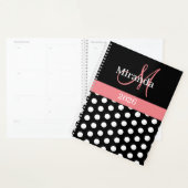 Zwart Wit Roze Monogram Script Polka Dot Planner (Display)
