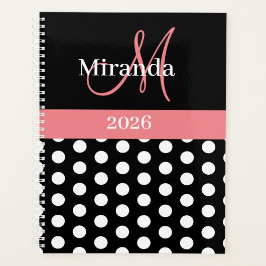 Zwart Wit Roze Monogram Script Polka Dot Planner (Voorkant)