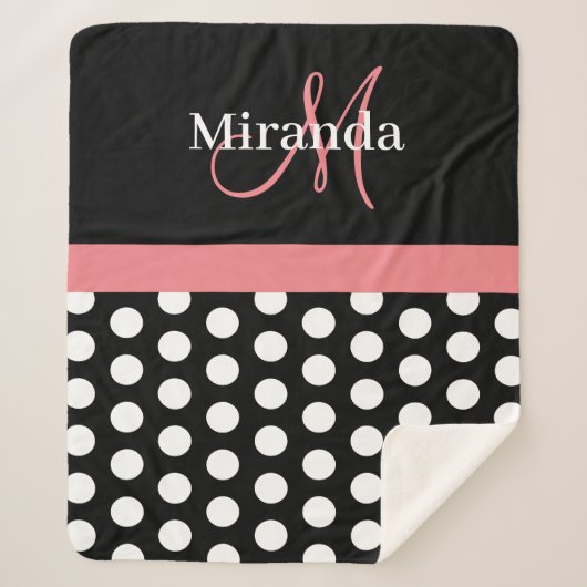 Zwart Wit Roze Monogram Script Polka Dot Sherpa Deken (Voorkant)