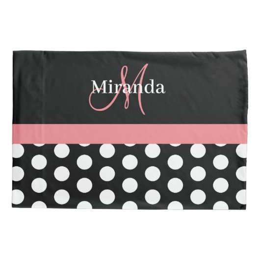 Zwart Wit Roze Monogram Script Polka Dot Std Kussensloop (Achterkant)