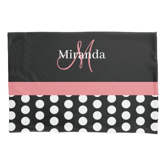 Zwart Wit Roze Monogram Script Polka Dot Std Kussensloop (Voorkant)