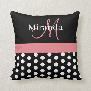 Zwart Wit Roze Monogram Script Polka Dots Throw Kussen