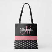 Zwart-wit roze monogram script poolpunten draagtas (Voorkant)