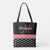 Zwart-wit roze monogram script poolpunten draagtas (Achterkant)