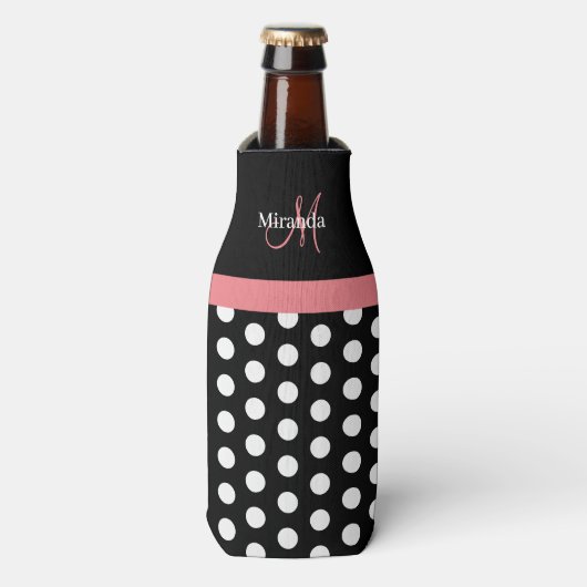 Zwart-wit roze monogram script poolpunten flesjeskoeler (Fles Voorkant)