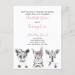 Zwart Wit Roze Script Woodland Verjaardagsfeest Uitnodiging Briefkaart