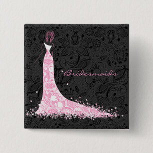 Zwart Wit & Roze Trouwjurk &  Kant Vierkante Button 5,1 Cm