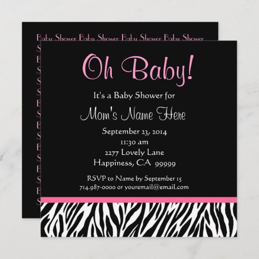 Zwart wit Roze Zebra Afdrukmodel Baby shower Kaart (Voorkant / Achterkant)