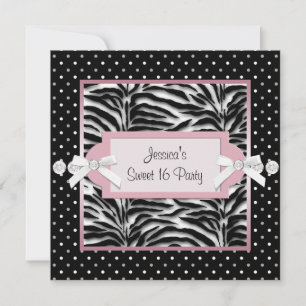 Zwart Wit Roze Zebra Sweet 16 Verjaardagsfeestje Kaart