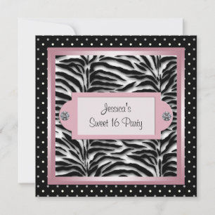 Zwart Wit Roze Zebra Sweet 16 Verjaardagsfeestje Kaart