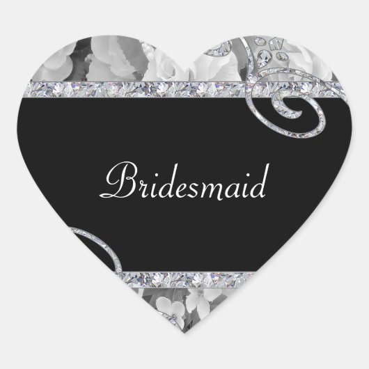 Zwart & Wit Rozen & Diamant Swirls Bruiloft Hart Sticker (Voorkant)