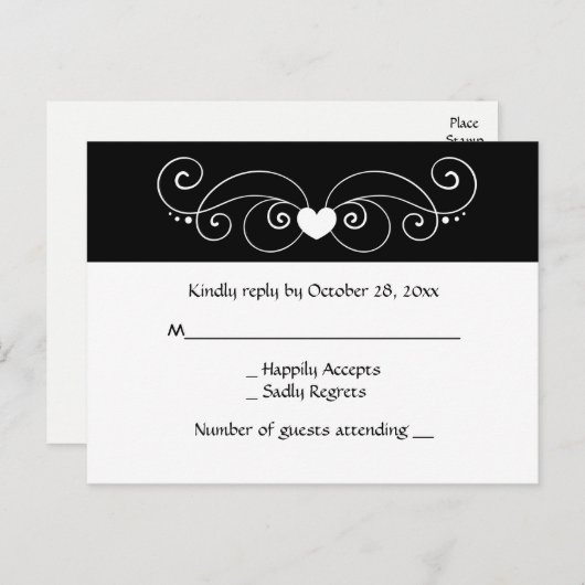 Zwart-wit RSVP Hart Wedding Party Reactie Uitnodiging Briefkaart (Voorkant / Achterkant)