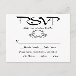 Zwart-wit RSVP Hart Wedding Party Reactie Uitnodiging Briefkaart