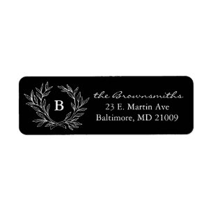 Zwart-wit Rustic Wreath Monogrammed Adres Etiket