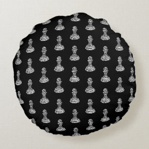 Zwart & Wit Schaakfiguren Linocut Pion Rond Kussen