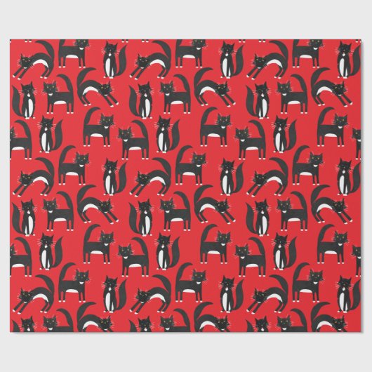 Zwart-wit Schattige Tuxedo Kat rood Patroon Cadeaupapier (Vlak)