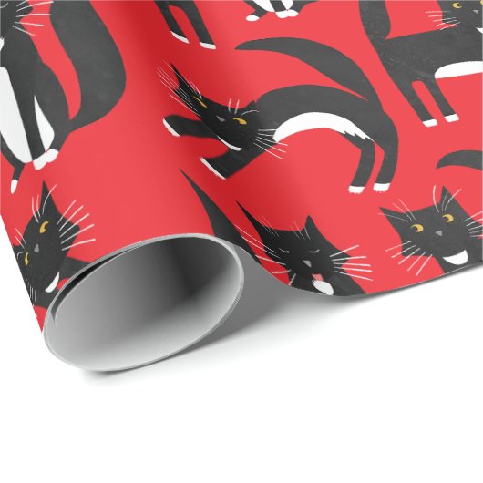 Zwart-wit Schattige Tuxedo Kat rood Patroon Cadeaupapier (Rol Hoek)