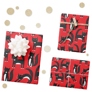 Zwart-wit Schattige Tuxedo Kat rood Patroon Inpakpapier Vel