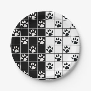 Zwart Wit Schattige Windowpane Paw Plaid Papieren Bordje