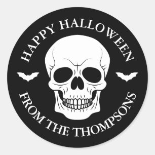 Zwart-Wit Schedel En Vleermuizen Met Tekst Hallowe Ronde Sticker